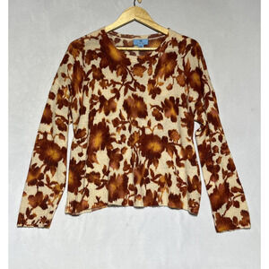 CeCe Autumn Floral Sweater Womens Large Burnt Orange Ivory Lightweight Pullover